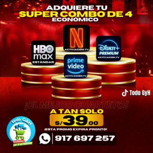 CUARTETO 2: NETFLIX TV – HBO MAX EST – DISNEY – PRIME VIDEO TV (económico)
